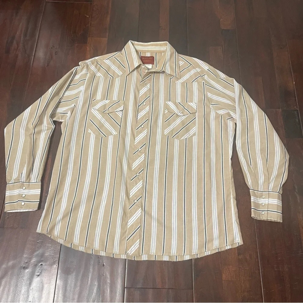 Rustler X-Long Tails Long Sleeve Pearl Snap Men’s XL Tan & White Western Cowboy